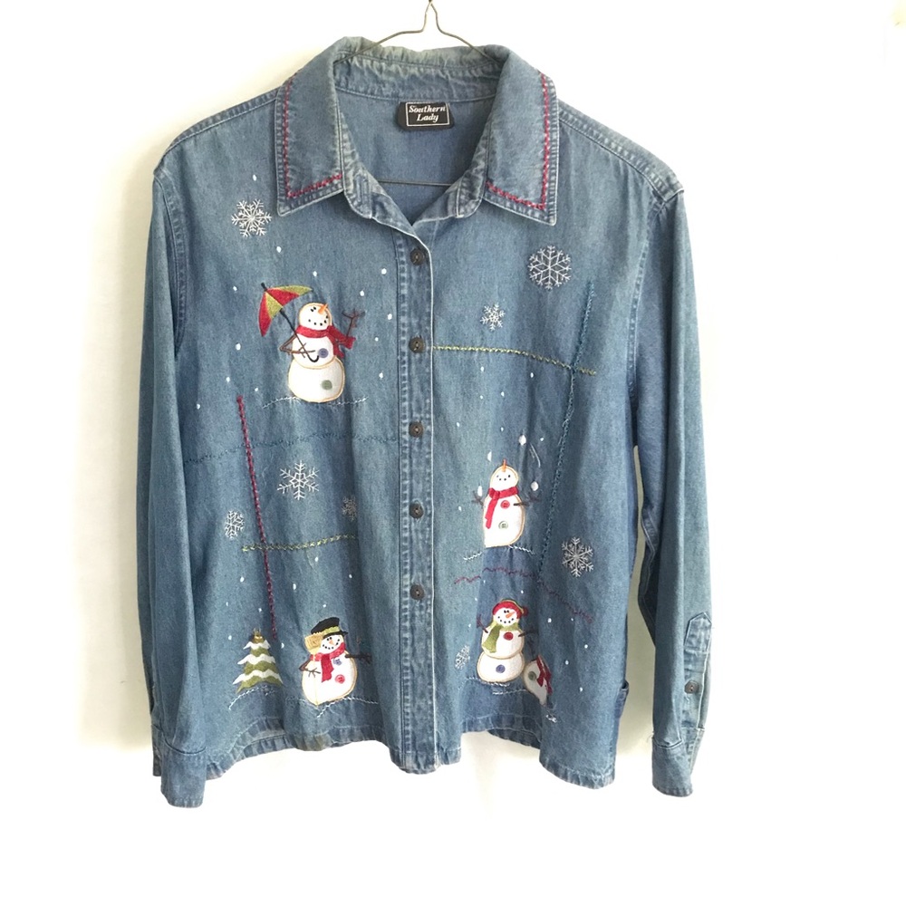 Embroidered Snowman Denim Shirt Jacket - Blue